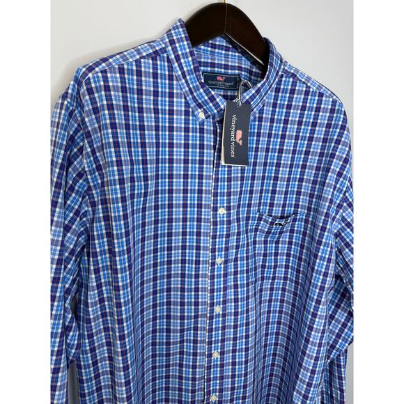 Vineyard Vines Men's Tattersall Classic Fit Poplin Button-Down Shirt Blue Sz XL - Picture 6 of 11